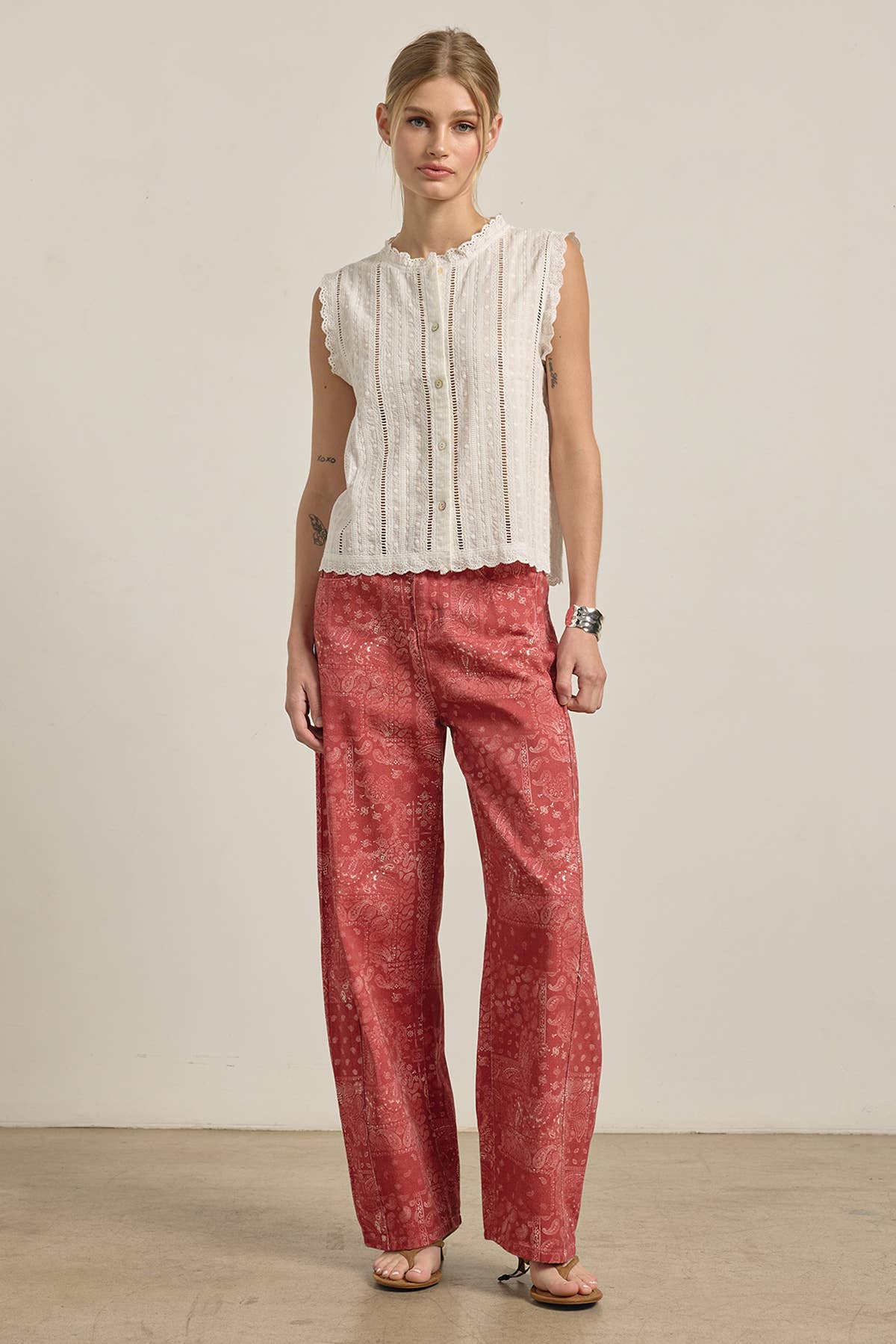 Washed Bandana Print Wide Leg Pants