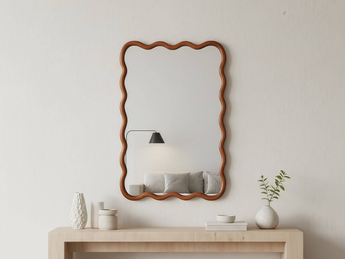 Wavy Solid Wood Wall Mirror with Curved Rectangle Frame For Bathroom, Bedroom, or Entryway