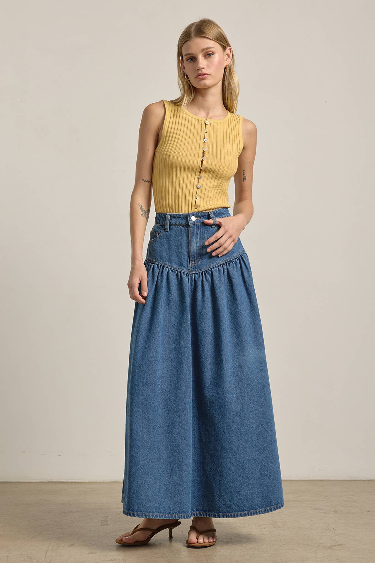 Tiered Denim Maxi Skirt