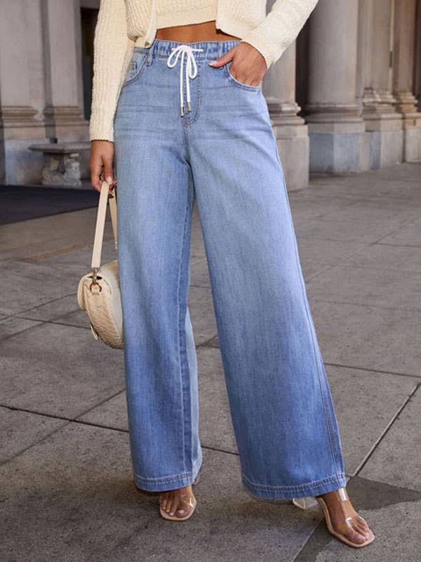 Form-Fitting Wide-Leg Drawstring Denim Trousers