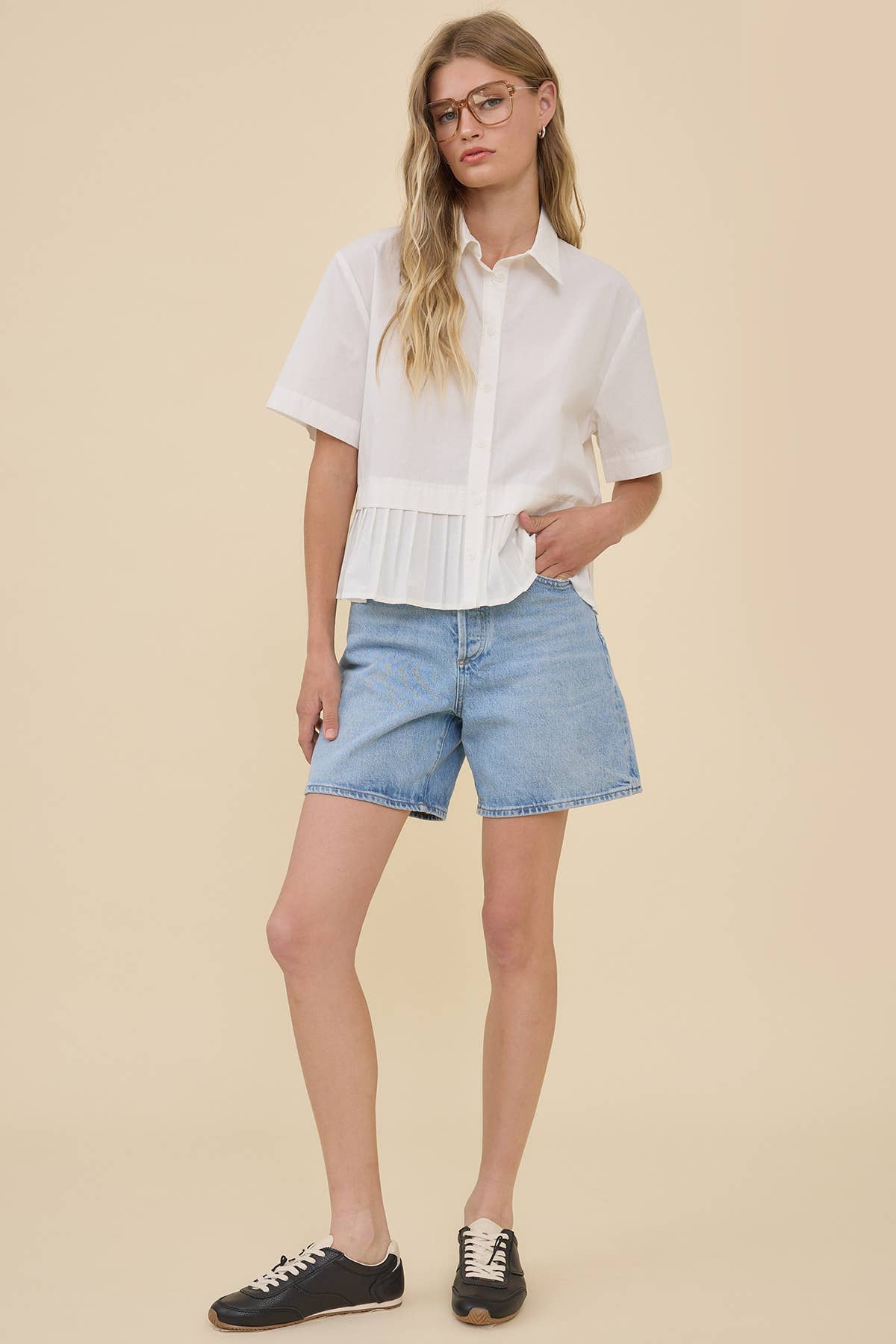 Pleated Hem Short Sleeve Shirt Top