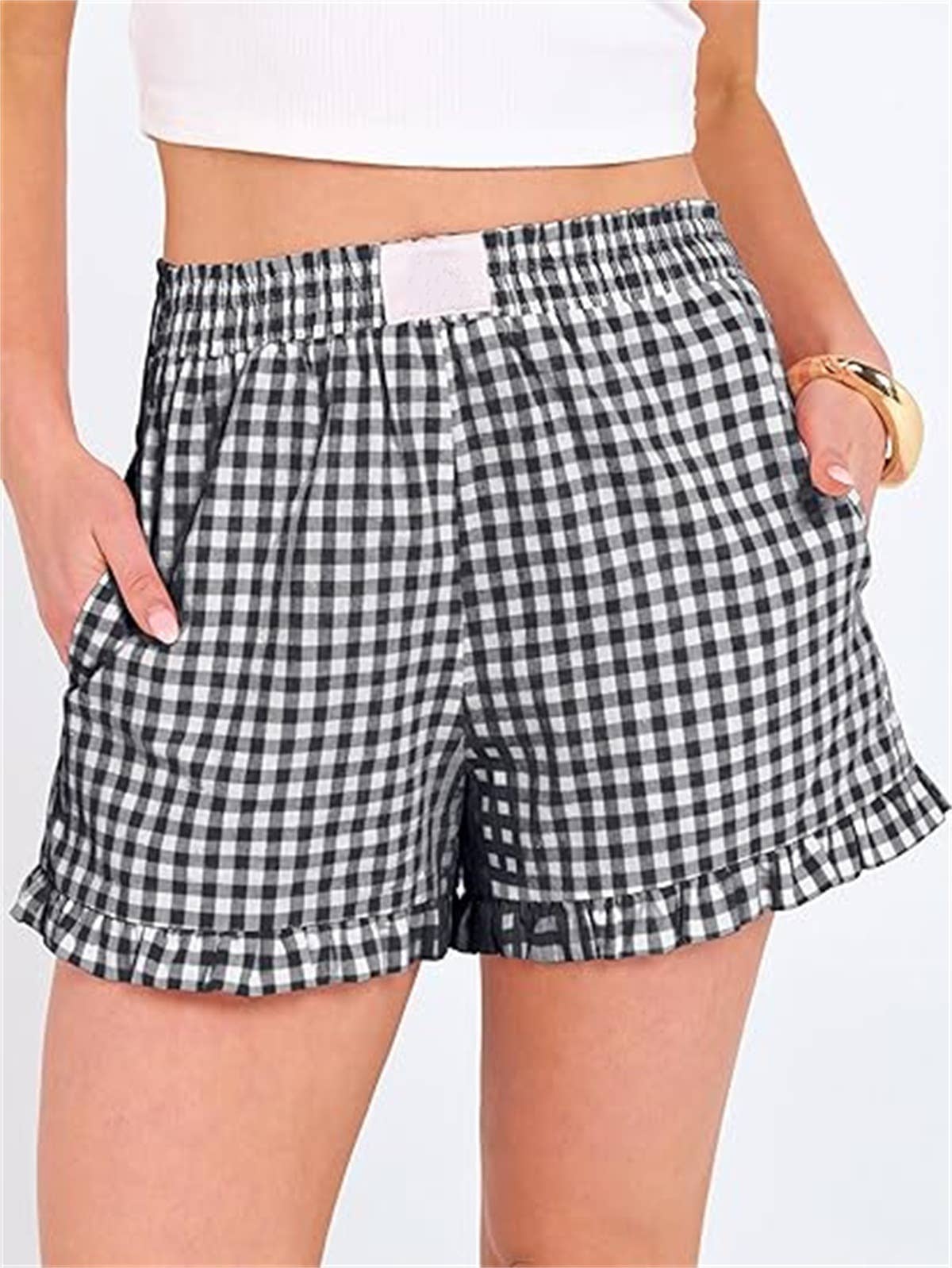 Beach Check Print Shorts Ruffle Casual Shorts